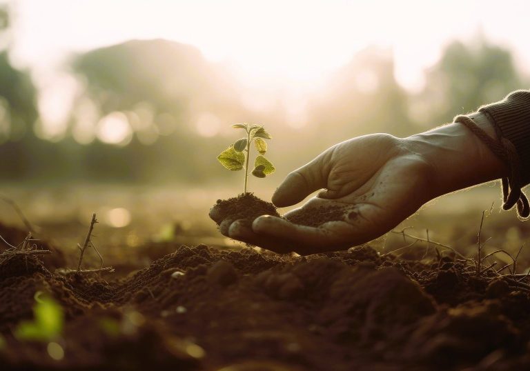 Werde wieder glücklich! Eine Hand pflanzt einen jungen Setzling in die Erde bei Sonnenlicht.